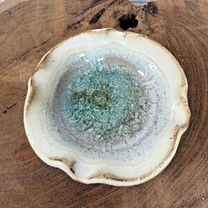 Down To Earth Studio Pottery Trinket Dish 3.5" Fused Crackle Glass Ring Bowl